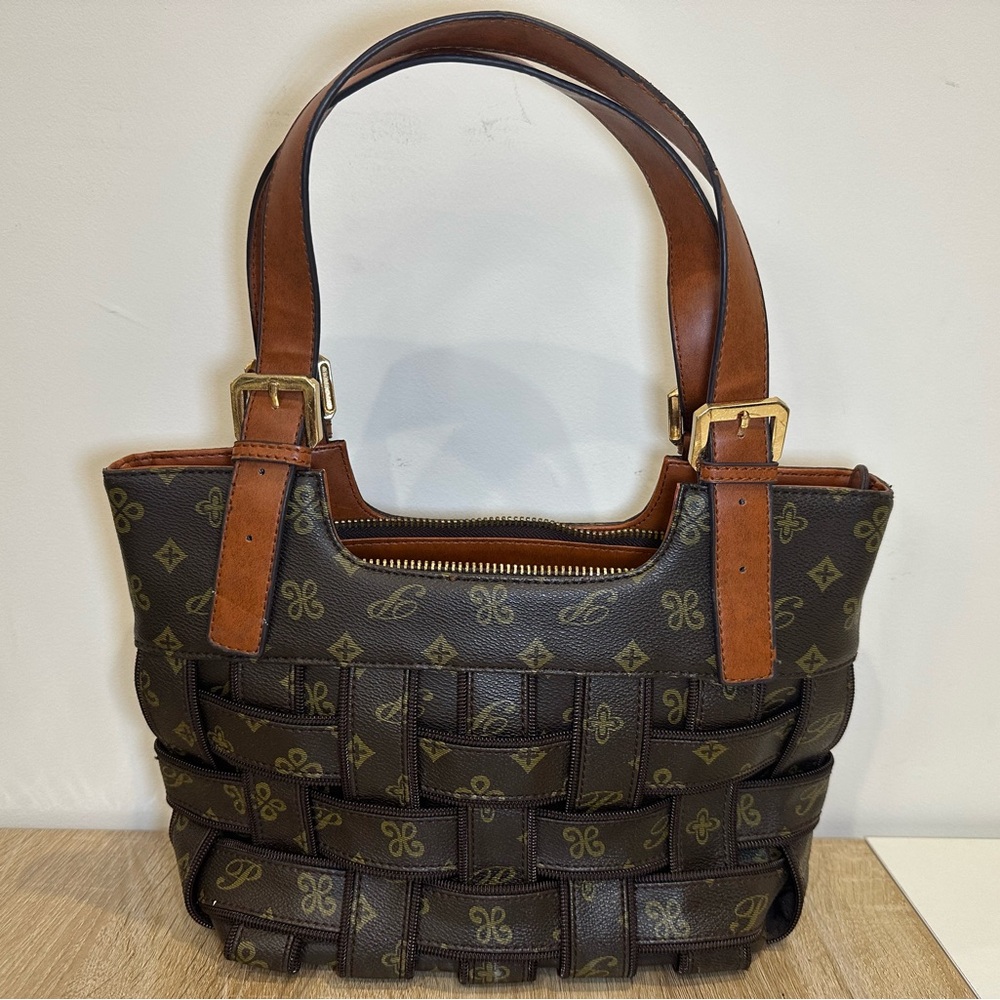 Brown Monogram Woven Tote Bag with Leather Straps